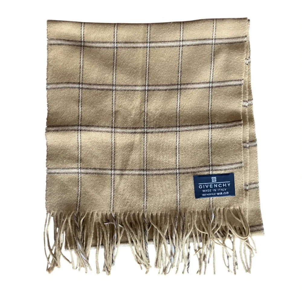 GIVENCHY Made in Italy ACRYLIC KNIT SCARF Unisex Men's TAN PLAID Fringe Trim
